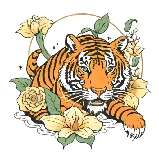 A Cosmic Tiger Surrounded By Blooming Japanese Rose And Calla Lilies In A Space-themed