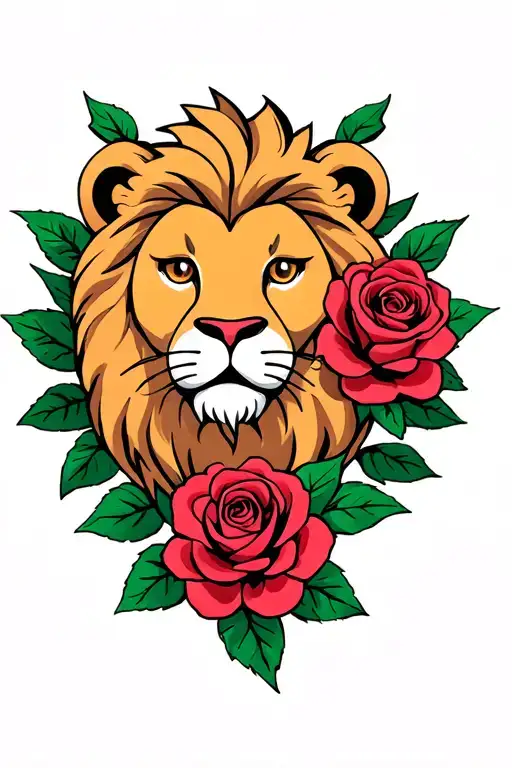 Simple Lion Tattoo With Roses