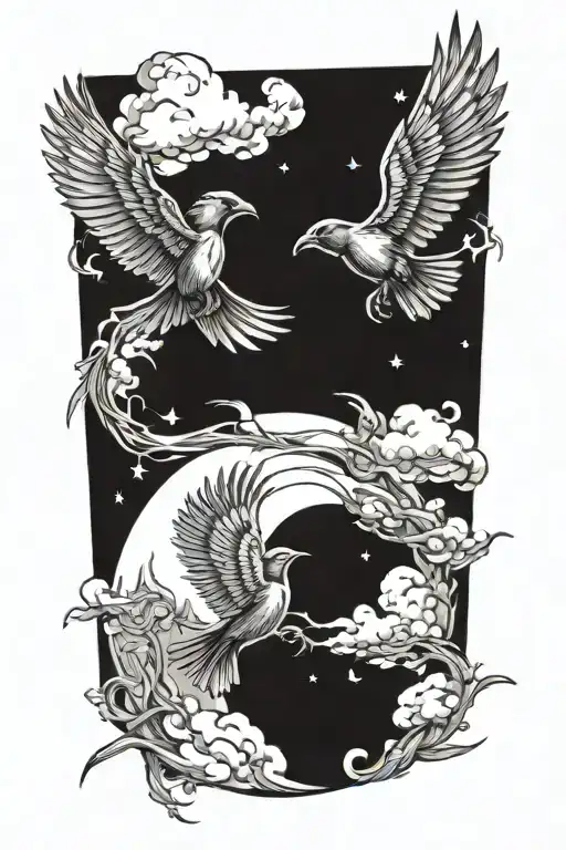 Crows Flying Towards The Half Moon