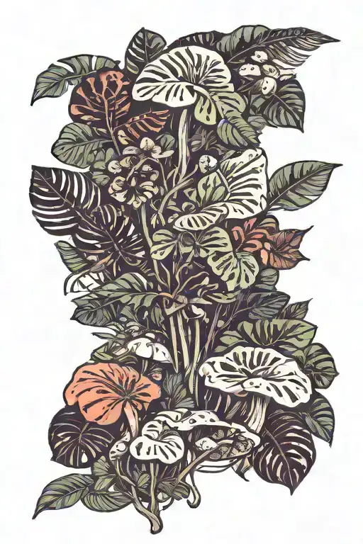 Monstera Leaves Mushrooms Flowers