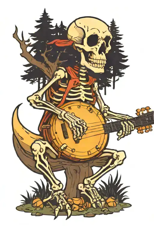 Skeleton Playing Banjo In Forest At Night By Campfire