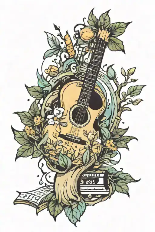 A Music-themed Tattoo Incorporating Elements Of Nature Like Trees And Sunshine