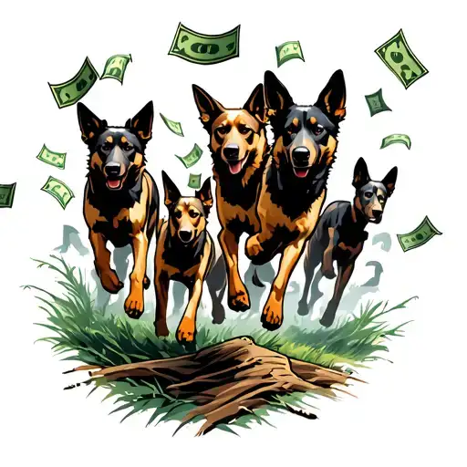A Pack Of Wild Dogs Running Through A Forest With Dollar Bills Floating In The Air