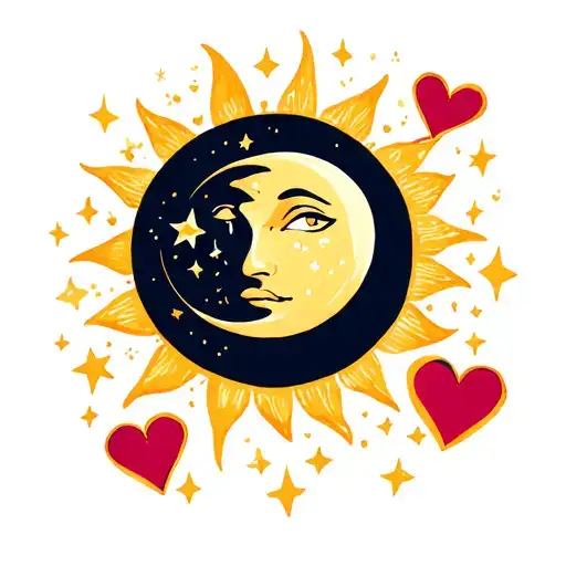 Sun And Moon With Hearts Float Like Stars