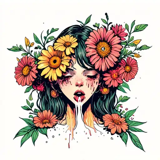 Head Of Girl Violently Vomiting Up Pretty Flowers