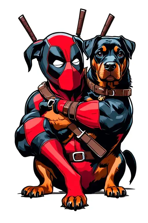 Deadpool With A Rottweiler Dog Playing