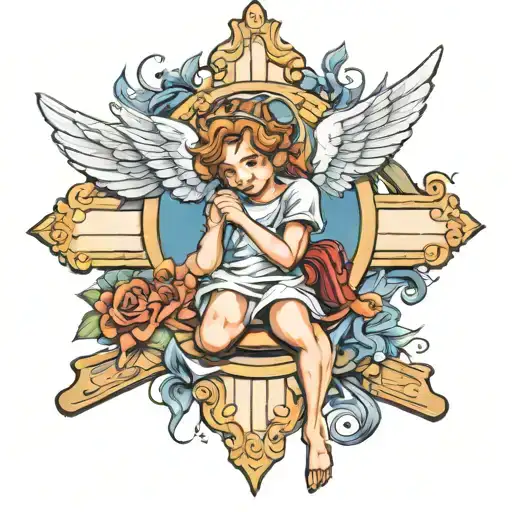 Tatto Cross With Angel Playing