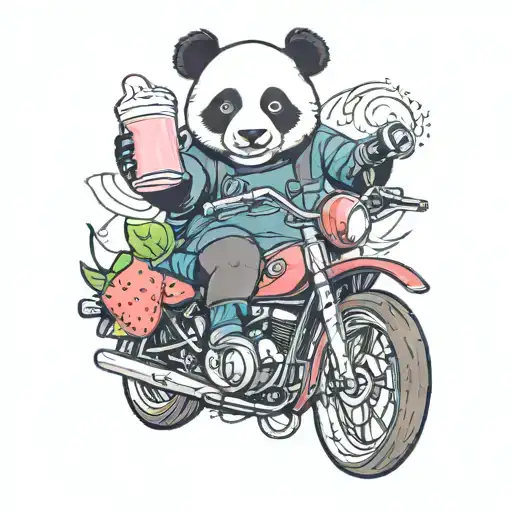 Panda Holding Strawberry Milk Riding A Motorcycle