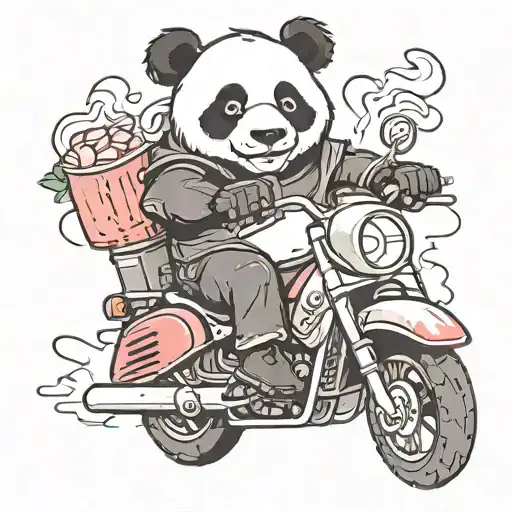 Panda Holding Strawberry Milk Riding A Sports Motorcycle