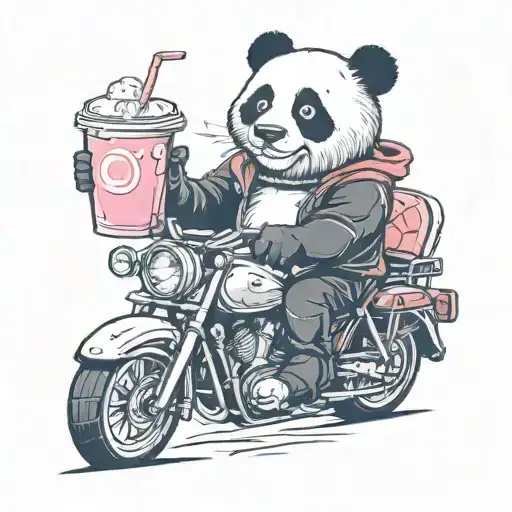 Panda Holding A Cup Or Carton Strawberry Milk Riding A Sports Motorcycle