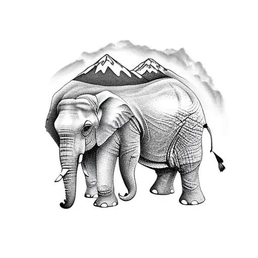 Elephant Walking Forward With Mountains In Background