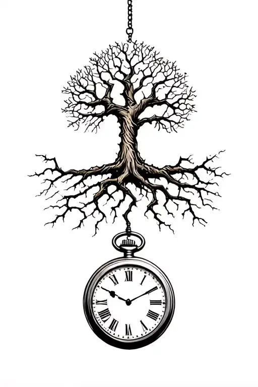 Tree Of Life Intertwined With Roots That Wrap Around And Go Into A Cracked Pocket Watch