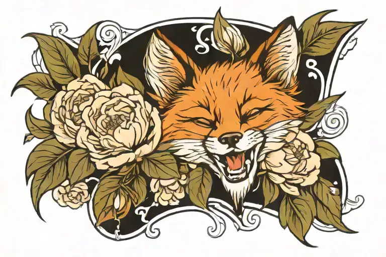 Laughing Fox In Peonies In Old School Style Portrait