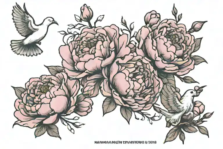 Pink Peonies With Doves Flying And A Quote Written