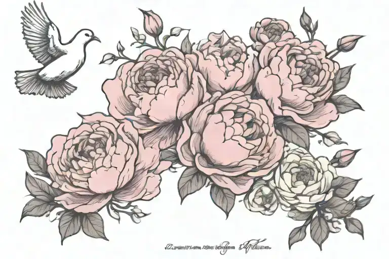 Pink Peonies With Doves Flying And A Quote Written