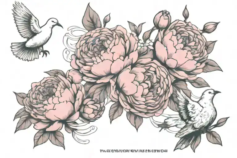 Pink Peonies With Doves In Clouds And A Quote Intertwined
