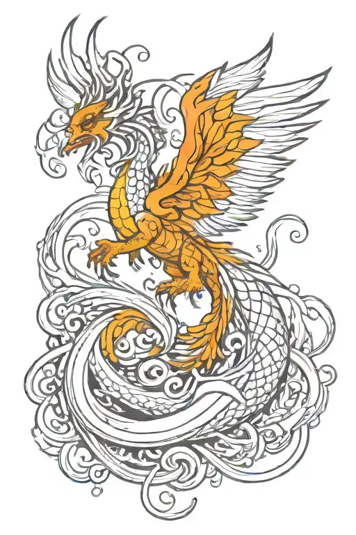 Phoenix Growing Into A Water Dragon Flying Opposite Directions