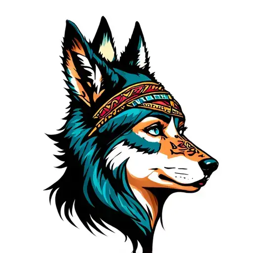 Woman's Face With Head Dress And Wolf