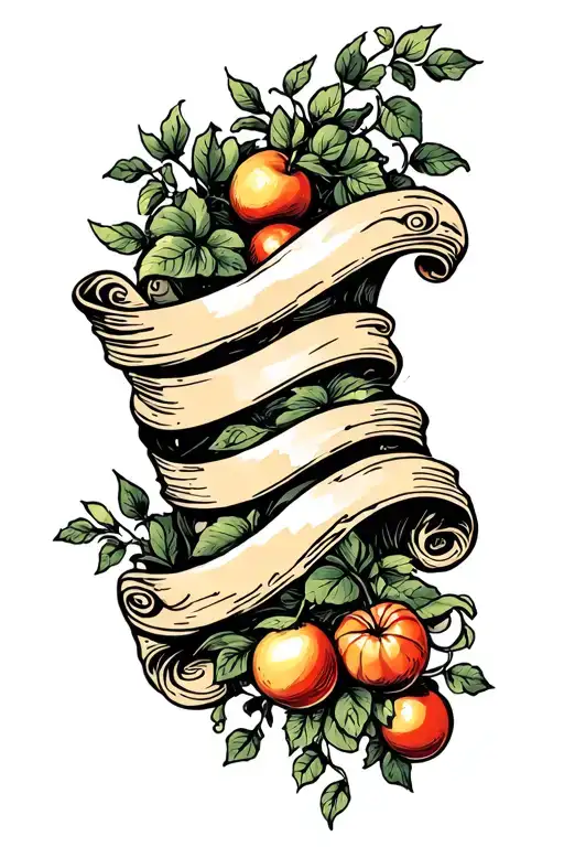 Weathered Scroll Wrapping Up Arm With Vines And Fruits All Around It
