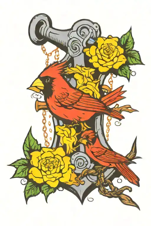 December Birth Flower Flowing Out Of An Anchor With Cardinals Sitting On A Branch