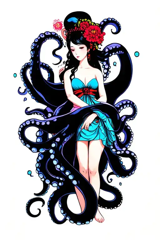Octopus Wrapping Its Tentacles Around A Japanese Woman