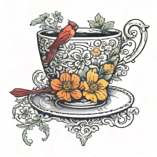 Cardinal On Top Of Teacup With Marigold Flower