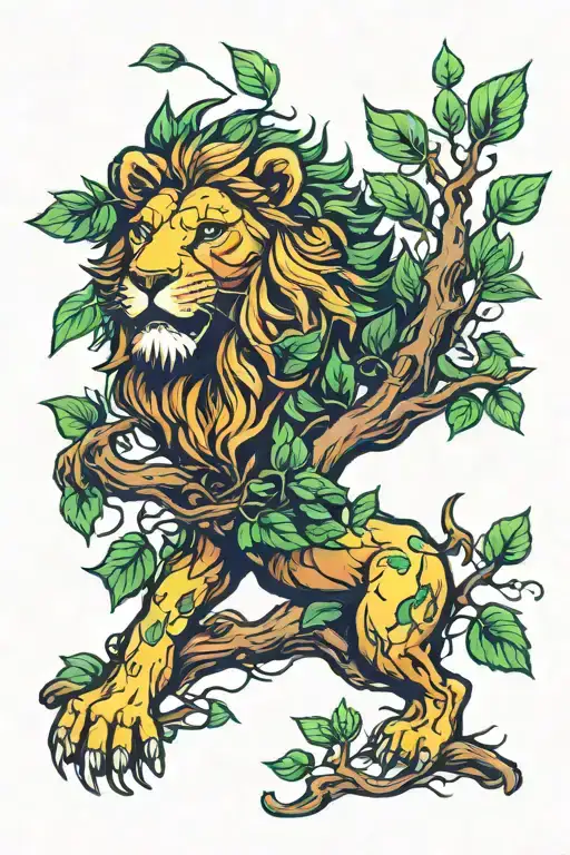 Lion Head Green Leaves Tree Branches Blooming