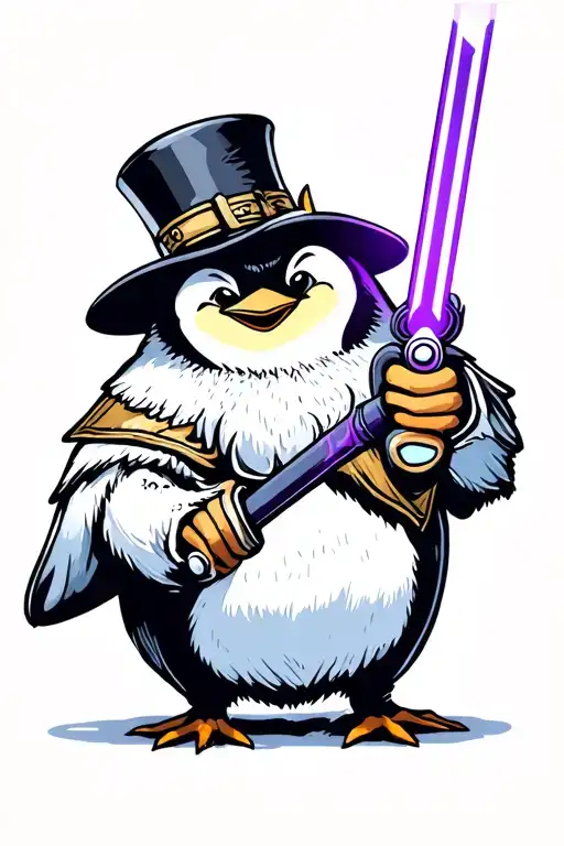 Emperor Penguin With A Pokeball Top Hat And Holding A Purple Light Saber