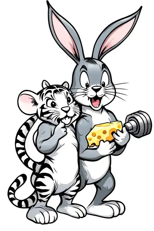 Bugs Bunny Rabbit With A Dumbell Baby Tiger Angry And Baby Mouse Eating Cheese Holding Each Other