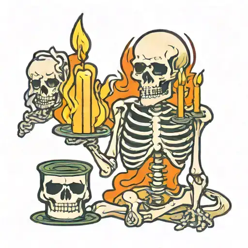 Skeleton Holding Candle Burning