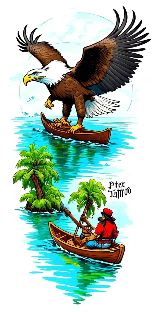 I Want A Sleeve With A Bald Eagle At The Top And A Lagoon From Peter Pan With A Pirate In A Rowboat