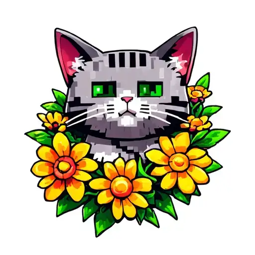 Minecraft Cat Curled Around Minecraft Flowers Growing