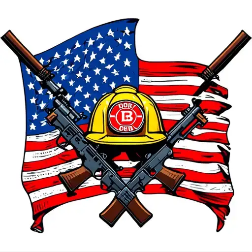 American Flag With 2 Rifles And A Firefighter Helmet