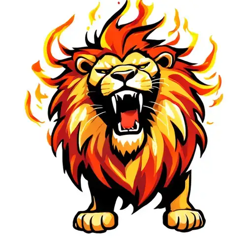 Lion Roaring Firece With Fire Flames