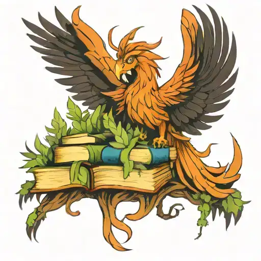 Phoenix Coming Out Of A Stack Of Books In A Forest Protected