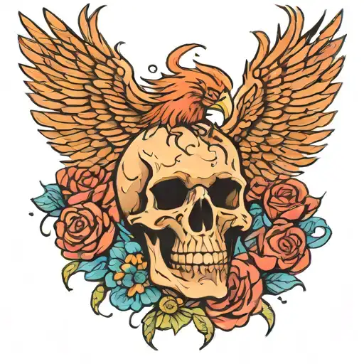 Phoenix Flying Out Of A Skull With Flowers Intertwined
