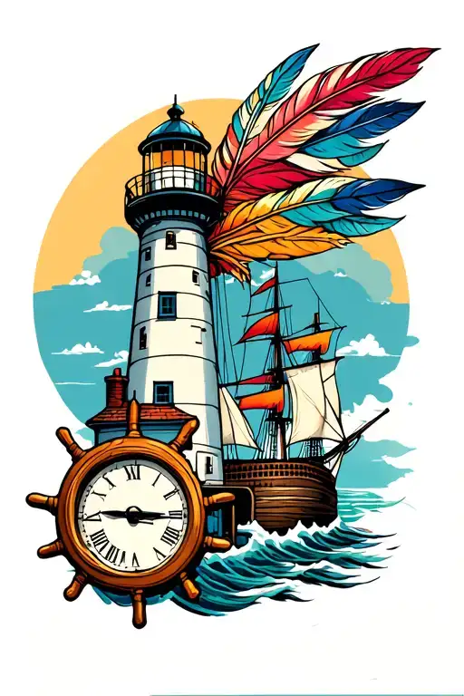 Lighthouse With Clock And Ships Wheel And Indian Feathers