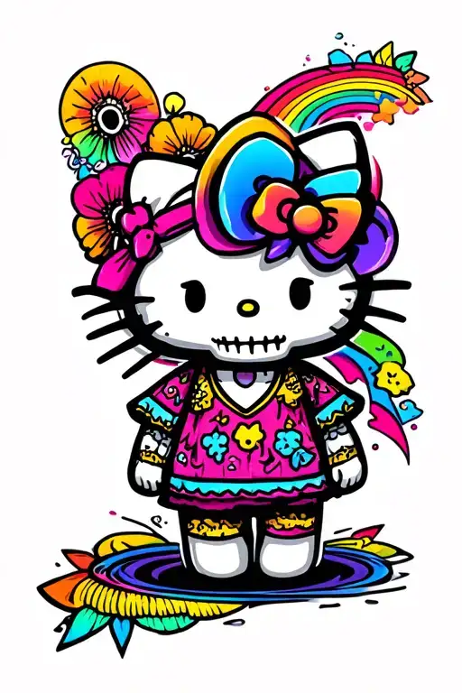 Hello Kitty With Skull And Rainbow In Background