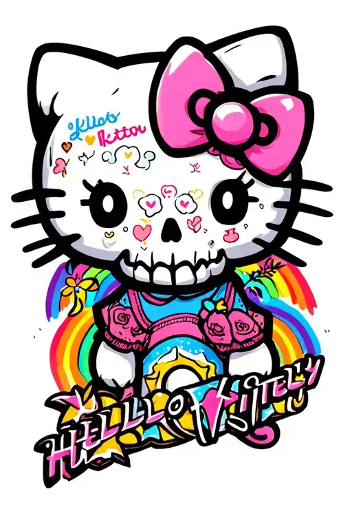 Hello Kitty With Skull And Rainbow In Background