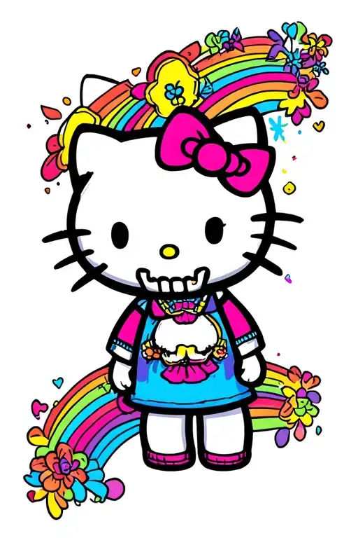 Hello Kitty With Skull And Rainbow In Background