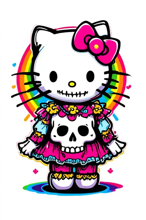 Hello Kitty With Skull And Rainbow Background