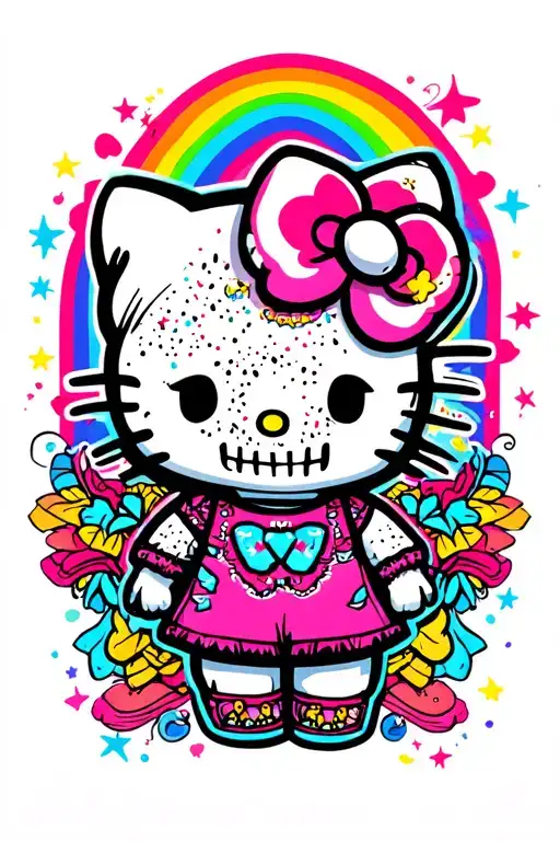 Hello Kitty With Skull And Rainbow Background Looking