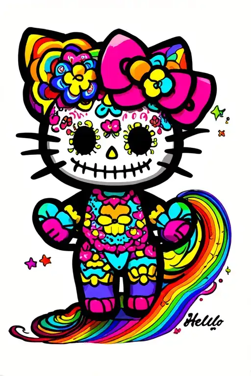 Hello Kitty With Sugar Skulls And Rainbow Background