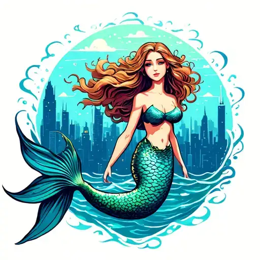 Mermaid With Underwater City Skyline In The Background