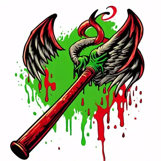 Baseball Bat Covered In Blood With Devil Wings And Horns