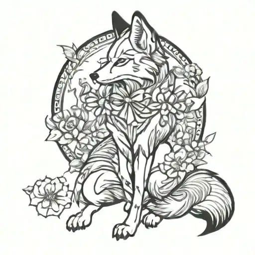 Kitsune Fox With Flowers Full Body