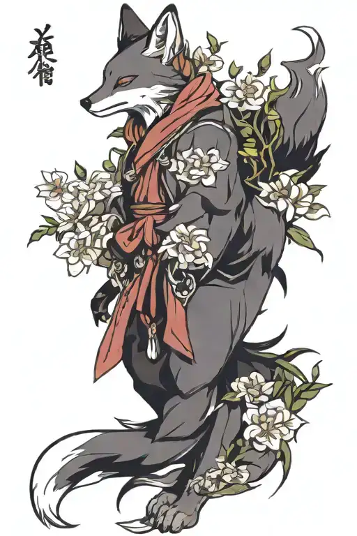 Kitsune Fox With Flowers Full Body