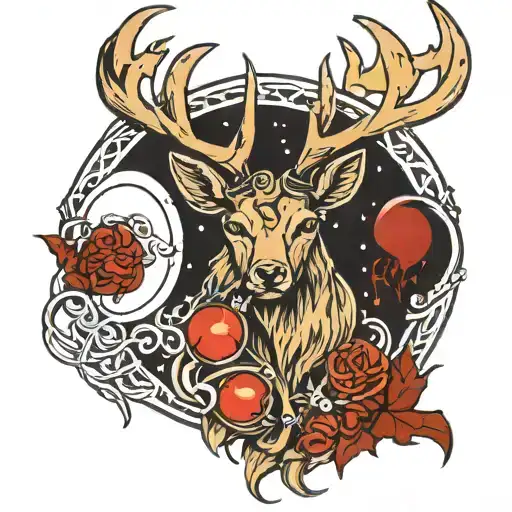Celtic Stag With Blood Moon Merging Together