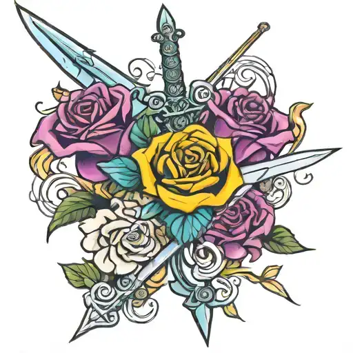 St Michael Sword 1 Red Rose 1 Teal Rose 1 Yellow Rose 1 Purple Rose