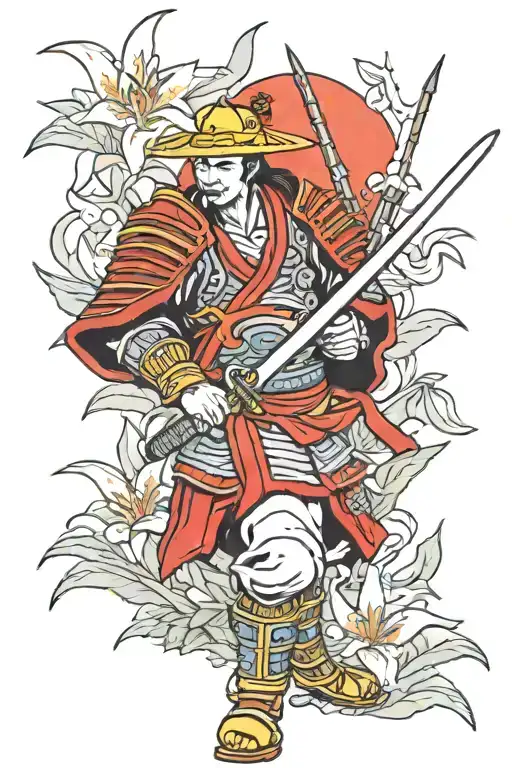 A Samurai Warrior With A Sword Planting Plants In A Garden Of Lillys